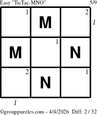 The grouppuzzles.com Easy TicTac-MNO puzzle for Saturday April 4, 2026, suitable for printing, with all 2 steps marked