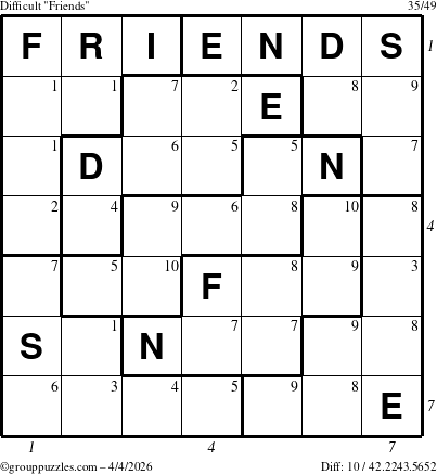 The grouppuzzles.com Difficult Friends puzzle for Saturday April 4, 2026, suitable for printing, with all 10 steps marked