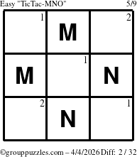 The grouppuzzles.com Easy TicTac-MNO puzzle for Saturday April 4, 2026 with the first 2 steps marked