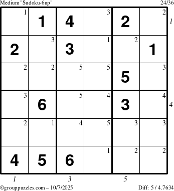 The grouppuzzles.com Medium Sudoku-6up puzzle for Tuesday October 7, 2025 with all 5 steps marked