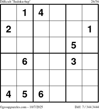 The grouppuzzles.com Difficult Sudoku-6up puzzle for Tuesday October 7, 2025