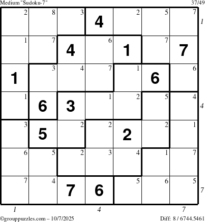 The grouppuzzles.com Medium Sudoku-7 puzzle for Tuesday October 7, 2025 with all 8 steps marked