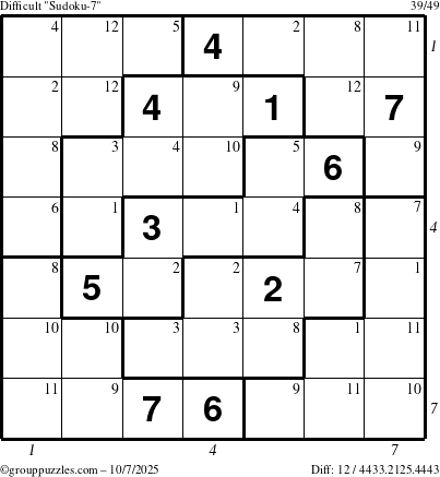 The grouppuzzles.com Difficult Sudoku-7 puzzle for Tuesday October 7, 2025 with all 12 steps marked