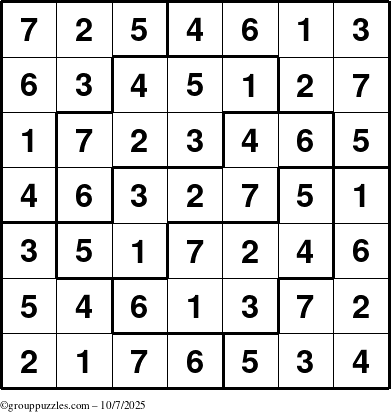 The grouppuzzles.com Answer grid for the Sudoku-7 puzzle for Tuesday October 7, 2025