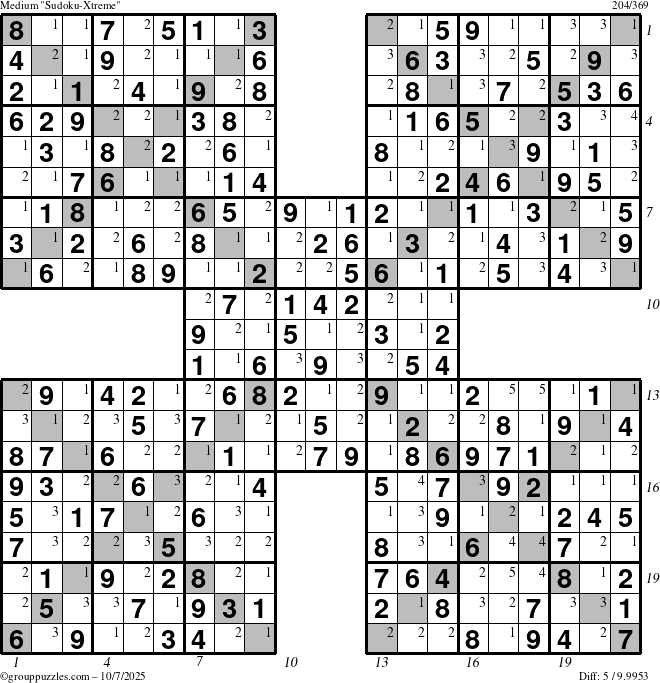 The grouppuzzles.com Medium Sudoku-Xtreme puzzle for Tuesday October 7, 2025 with all 5 steps marked