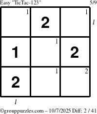 The grouppuzzles.com Easy TicTac-123 puzzle for Tuesday October 7, 2025 with all 2 steps marked