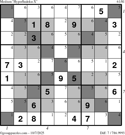 The grouppuzzles.com Medium HyperSudoku-X puzzle for Tuesday October 7, 2025 with all 7 steps marked