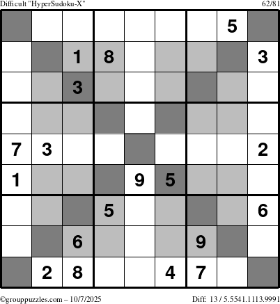 The grouppuzzles.com Difficult HyperSudoku-X puzzle for Tuesday October 7, 2025