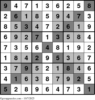The grouppuzzles.com Answer grid for the HyperSudoku-X puzzle for Tuesday October 7, 2025