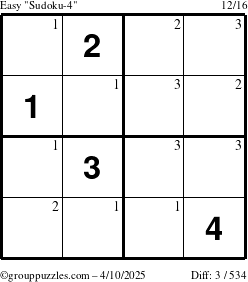 The grouppuzzles.com Easy Sudoku-4 puzzle for Thursday April 10, 2025 with the first 3 steps marked