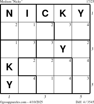 The grouppuzzles.com Medium Nicky puzzle for Thursday April 10, 2025, suitable for printing, with all 4 steps marked