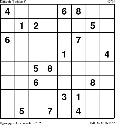 The grouppuzzles.com Difficult Sudoku-8 puzzle for Thursday April 10, 2025