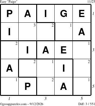 The grouppuzzles.com Easy Paige puzzle for Saturday September 12, 2026, suitable for printing, with all 3 steps marked