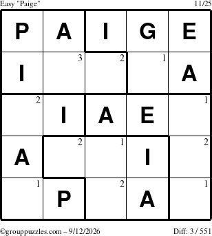The grouppuzzles.com Easy Paige puzzle for Saturday September 12, 2026 with the first 3 steps marked