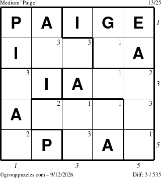 The grouppuzzles.com Medium Paige puzzle for Saturday September 12, 2026 with all 3 steps marked
