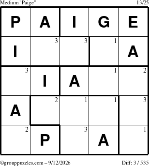 The grouppuzzles.com Medium Paige puzzle for Saturday September 12, 2026 with the first 3 steps marked