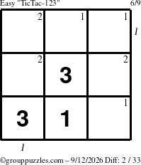 The grouppuzzles.com Easy TicTac-123 puzzle for Saturday September 12, 2026, suitable for printing, with all 2 steps marked