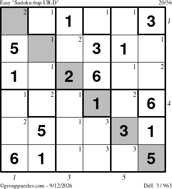 The grouppuzzles.com Easy Sudoku-6up-UR-D puzzle for Saturday September 12, 2026, suitable for printing, with all 3 steps marked
