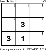 The grouppuzzles.com Easy TicTac-123 puzzle for Saturday September 12, 2026 with the first 2 steps marked