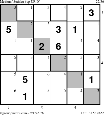 The grouppuzzles.com Medium Sudoku-6up-UR-D puzzle for Saturday September 12, 2026, suitable for printing, with all 6 steps marked