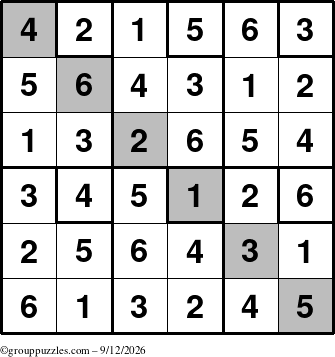 The grouppuzzles.com Answer grid for the Sudoku-6up-UR-D puzzle for Saturday September 12, 2026