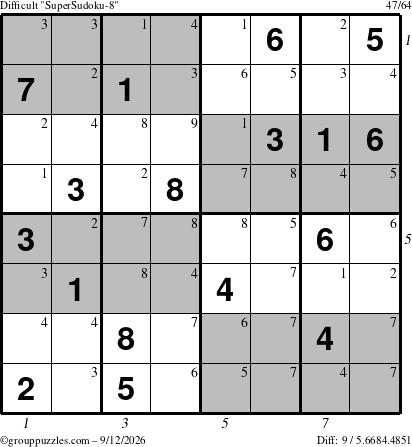 The grouppuzzles.com Difficult SuperSudoku-8 puzzle for Saturday September 12, 2026, suitable for printing, with all 9 steps marked