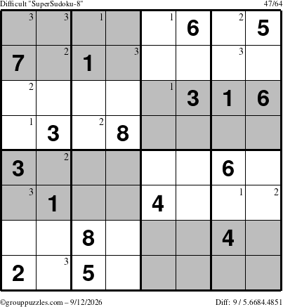 The grouppuzzles.com Difficult SuperSudoku-8 puzzle for Saturday September 12, 2026 with the first 3 steps marked