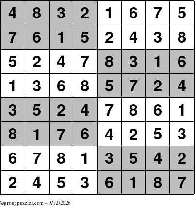 The grouppuzzles.com Answer grid for the SuperSudoku-8 puzzle for Saturday September 12, 2026