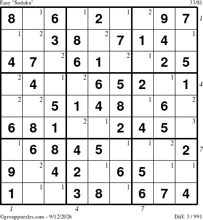 The grouppuzzles.com Easy Sudoku puzzle for Saturday September 12, 2026 with all 3 steps marked