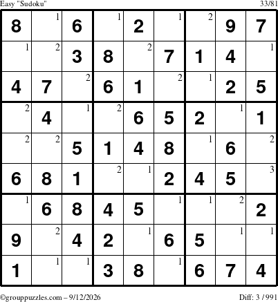 The grouppuzzles.com Easy Sudoku puzzle for Saturday September 12, 2026 with the first 3 steps marked