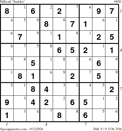 The grouppuzzles.com Difficult Sudoku puzzle for Saturday September 12, 2026, suitable for printing, with all 9 steps marked