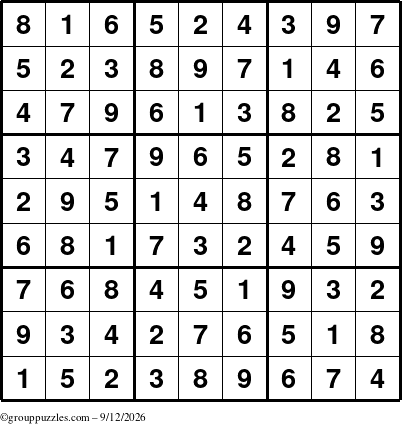 The grouppuzzles.com Answer grid for the Sudoku puzzle for Saturday September 12, 2026