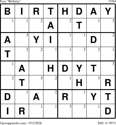 The grouppuzzles.com Easy Birthday puzzle for Saturday September 12, 2026 with the first 3 steps marked