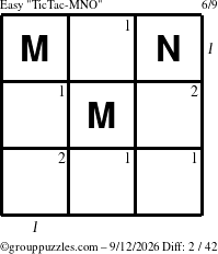 The grouppuzzles.com Easy TicTac-MNO puzzle for Saturday September 12, 2026, suitable for printing, with all 2 steps marked