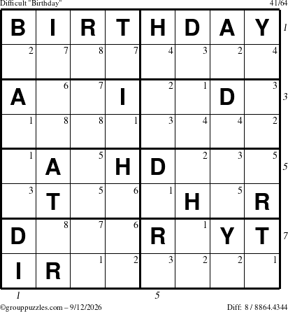 The grouppuzzles.com Difficult Birthday puzzle for Saturday September 12, 2026, suitable for printing, with all 8 steps marked