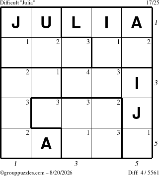 The grouppuzzles.com Difficult Julia puzzle for Thursday August 20, 2026, suitable for printing, with all 4 steps marked