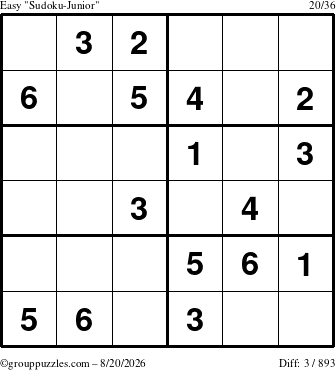 The grouppuzzles.com Easy Sudoku-Junior puzzle for Thursday August 20, 2026