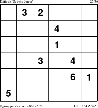 The grouppuzzles.com Difficult Sudoku-Junior puzzle for Thursday August 20, 2026