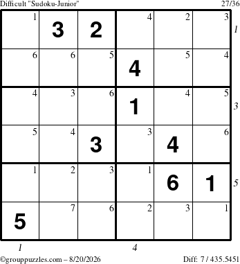 The grouppuzzles.com Difficult Sudoku-Junior puzzle for Thursday August 20, 2026, suitable for printing, with all 7 steps marked
