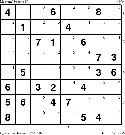 The grouppuzzles.com Medium Sudoku-8 puzzle for Thursday August 20, 2026, suitable for printing, with all 6 steps marked