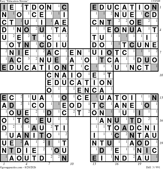 The grouppuzzles.com Easy Education-Xtreme puzzle for Thursday August 20, 2026 with all 3 steps marked