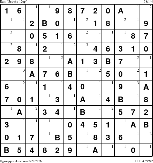 The grouppuzzles.com Easy Sudoku-12up puzzle for Thursday August 20, 2026 with the first 3 steps marked