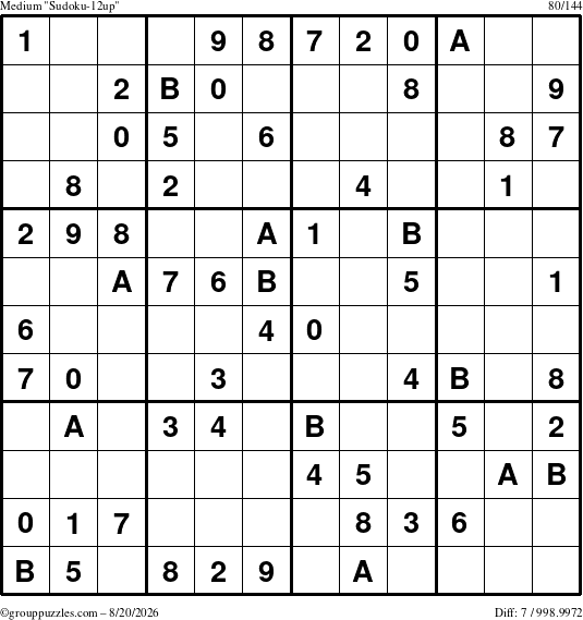 The grouppuzzles.com Medium Sudoku-12up puzzle for Thursday August 20, 2026