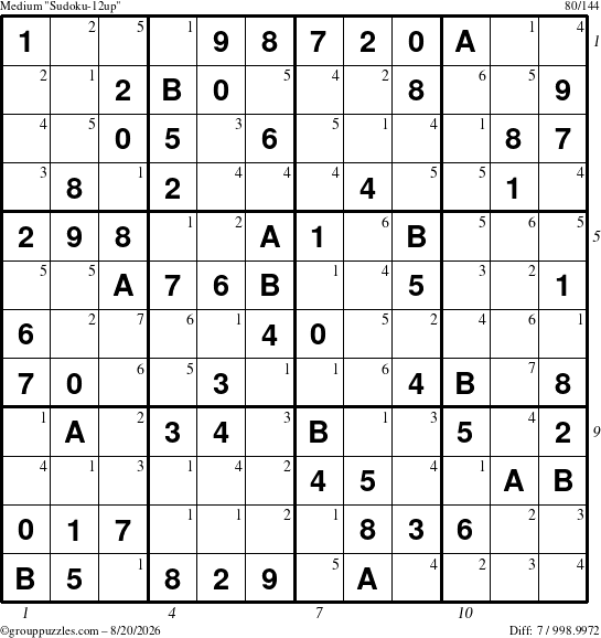 The grouppuzzles.com Medium Sudoku-12up puzzle for Thursday August 20, 2026, suitable for printing, with all 7 steps marked