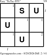 The grouppuzzles.com Easy TicTac-STU puzzle for Thursday August 20, 2026, suitable for printing, with all 2 steps marked