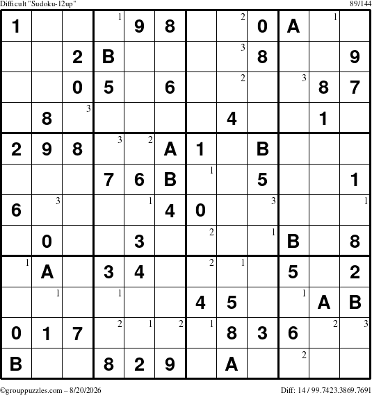 The grouppuzzles.com Difficult Sudoku-12up puzzle for Thursday August 20, 2026 with the first 3 steps marked