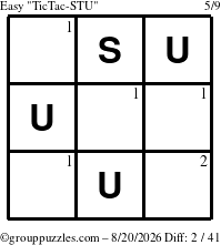 The grouppuzzles.com Easy TicTac-STU puzzle for Thursday August 20, 2026 with the first 2 steps marked
