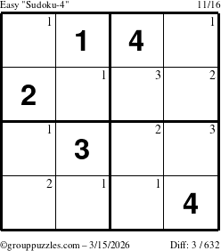 The grouppuzzles.com Easy Sudoku-4 puzzle for Sunday March 15, 2026 with the first 3 steps marked