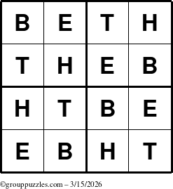 The grouppuzzles.com Answer grid for the Beth puzzle for Sunday March 15, 2026