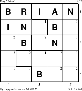 The grouppuzzles.com Easy Brian puzzle for Sunday March 15, 2026 with all 3 steps marked